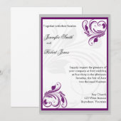 Zilveren en Paarse Bloemenhart Bruiloft Uitnodigin Kaart (Voorkant / Achterkant)