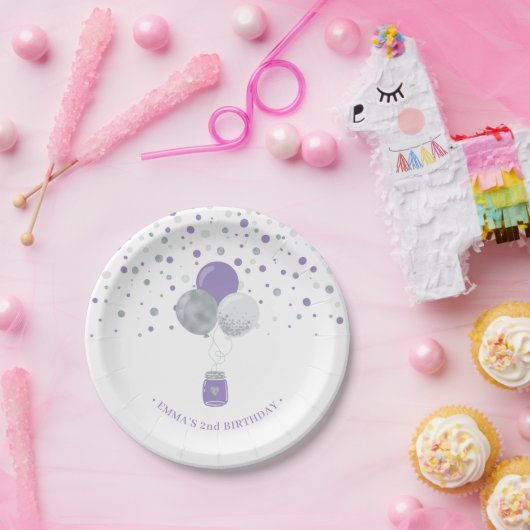 Zilveren en Paarse Confetti-ballonnen Papieren Bordje (Feest)