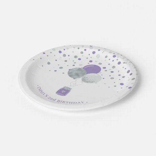 Zilveren en Paarse Confetti-ballonnen Papieren Bordje (Gekanteld)