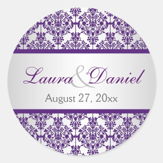 Zilveren en Paarse Damask 1,5" Bruiloft Sticker (Voorkant)