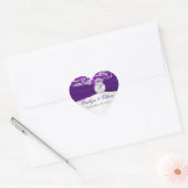 Zilveren en Paarse Damast Monogram Bruiloft Sticke Hart Sticker (Envelop)