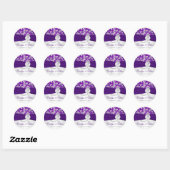 Zilveren en Paarse Damast Monogram Bruiloft Sticke Ronde Sticker (Vel)