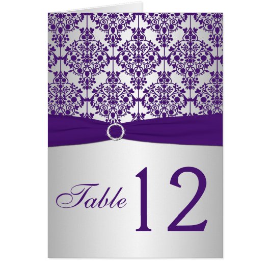 Zilveren en Paarse Damast Tafelnummer Kaart (Voorkant)