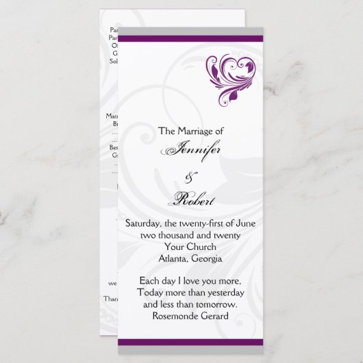 Zilveren en Paarse Floral Heart Trouwprogramma Programmakaart (Voorkant / Achterkant)