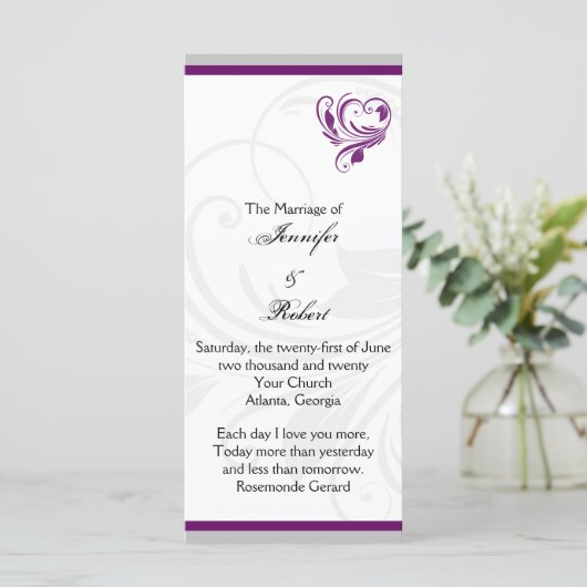 Zilveren en Paarse Floral Heart Trouwprogramma Programmakaart (Staand voorkant)