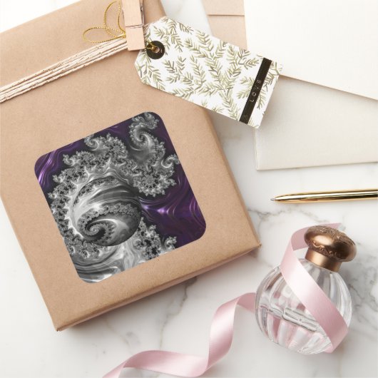 Zilveren en Paarse fractale vortex Vierkante Sticker (Geschenken)