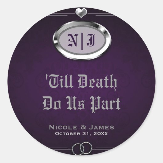 Zilveren en Paarse  Gothic Halloween Wedding Ronde Sticker (Voorkant)