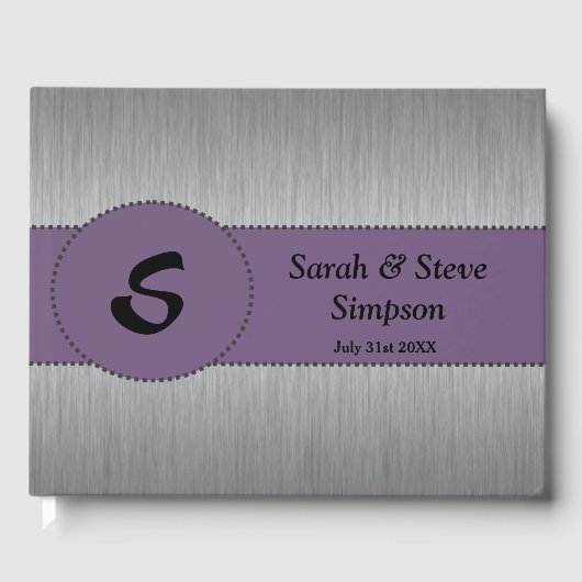 Zilveren en Paarse Monogram bruiloft gastenboek (Voorkant)