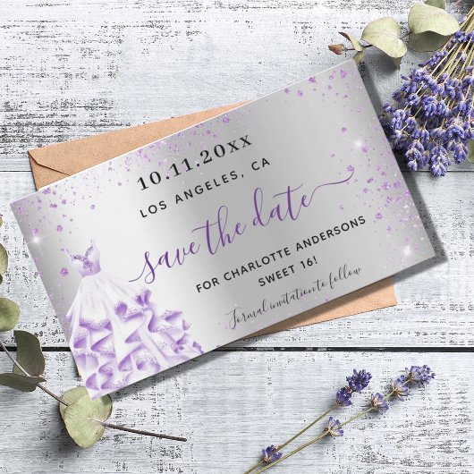 Zilveren en paarse 'Save the Date' magneet met jur