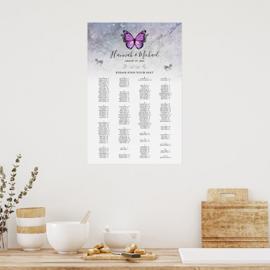 Zilveren en Paarse Vlinder Bruiloft Zitkaarten Poster (Keuken)