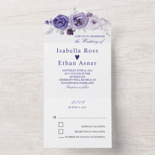 Zilveren en Paarse weddenschappen All In One Uitnodiging (Binnen)