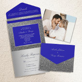 Zilveren en Royal Blue Luxury Wedding All In One Uitnodiging