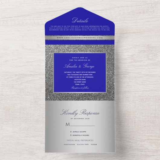 Zilveren en Royal Blue Luxury Wedding All In One Uitnodiging (Binnen)