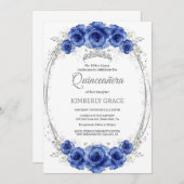 Zilveren en Royal Blue Rozen Elegant Quinceanera Kaart (Voorkant / Achterkant)