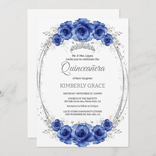 Zilveren en Royal Blue Rozen Elegant Quinceanera Kaart (Voorkant / Achterkant)