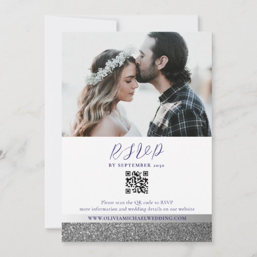 Zilveren en Royal Blue Wedding QR Code uitnodiging (Achterkant)