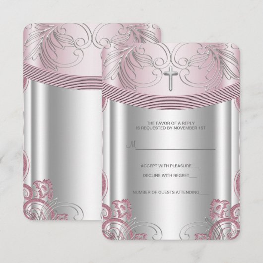 Zilveren en Roze Baby Meisje Doop RSVP (Voorkant / Achterkant)