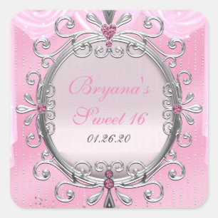 Zilveren en roze fancy frame verjaardagsfeest stic vierkante sticker