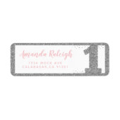 Zilveren en Roze Faux Glitter Eerste Verjaardag Etiket (Voorkant)