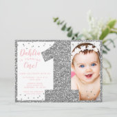 Zilveren en Roze Faux Glitter Eerste Verjaardag Kaart (Staand voorkant)