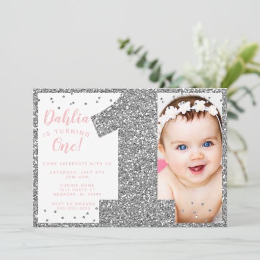 Zilveren en Roze Faux Glitter Eerste Verjaardag Kaart (Staand voorkant)