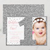 Zilveren en Roze Faux Glitter Eerste Verjaardag Kaart (Voorkant / Achterkant)