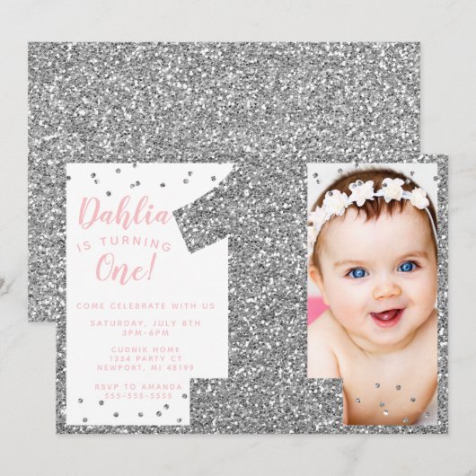 Zilveren en Roze Faux Glitter Eerste Verjaardag Kaart (Voorkant / Achterkant)