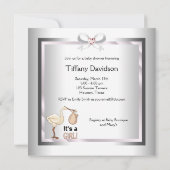 Zilveren en Roze Stork Baby Girl Shower Kaart (Achterkant)