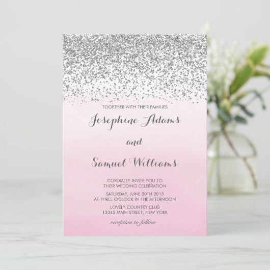 Zilveren en roze Waterverf bruiloft Kaart (Staand voorkant)