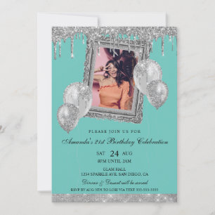 Zilveren en Turquoise Glitterende Foto Frame Kaart