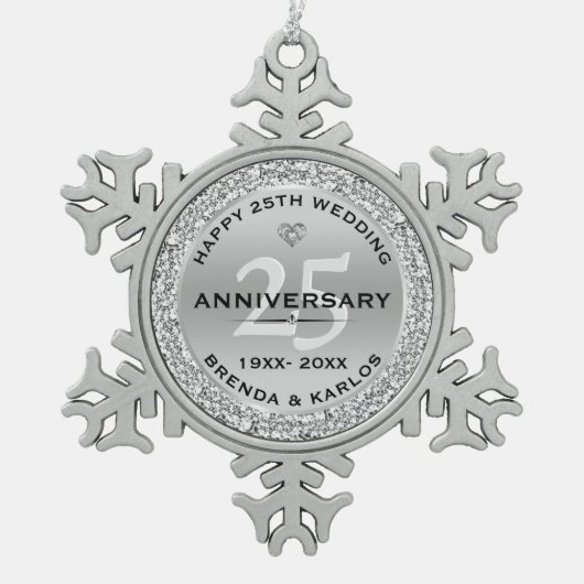 Zilveren en witte diamanten 25e Jubileum Tin Sneeuwvlok Ornament (Voorkant)