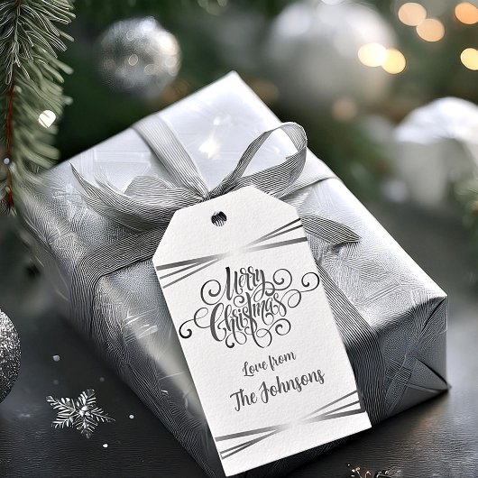 Zilveren en witte elegante gepersonaliseerde Kerst Cadeaulabel