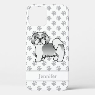 Zilveren en witte Lhasa Apso Cartoon-hond & Naam Case-Mate iPhone Case