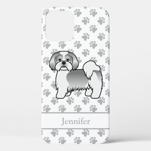 Zilveren en witte Lhasa Apso Cartoon-hond & Naam Case-Mate iPhone Case (Achterkant)