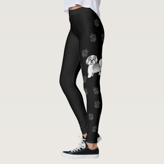 Zilveren en witte Lhasa Apso Cartoon-hond & poten Leggings (Links)
