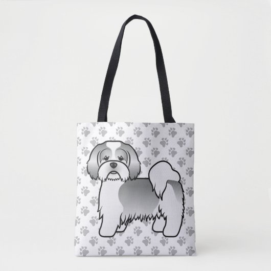 Zilveren en witte Lhasa Apso Cartoon-hond & poten Tote Bag (Voorkant)