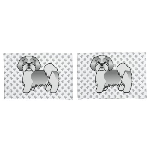 Zilveren en witte Lhasa Apso Schattige Cartoon Hon Kussensloop (Voorkant-Set)
