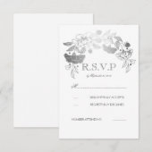 Zilveren en witte pioenen laurier bruiloft RSVP Ka Kaartje (Voorkant / Achterkant)