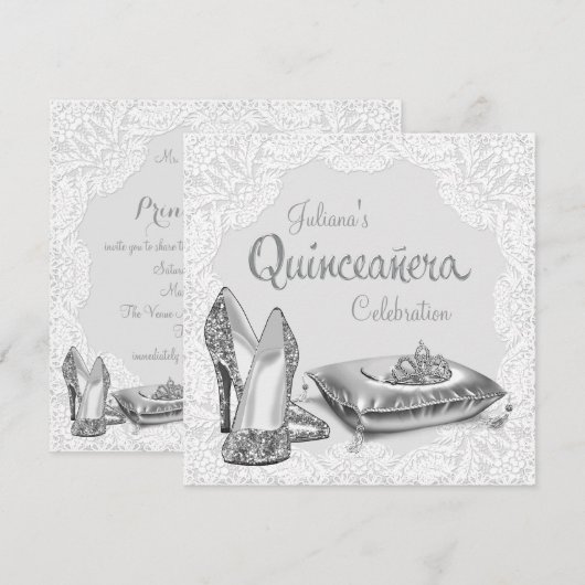 Zilveren en witte prinses Quinceanera Kaart (Voorkant / Achterkant)