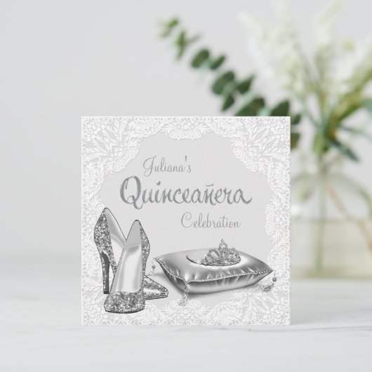 Zilveren en witte prinses Quinceanera Kaart (Staand voorkant)