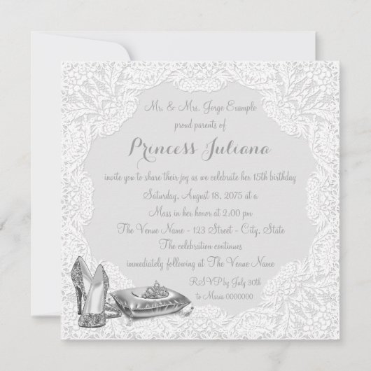 Zilveren en witte prinses Quinceanera Kaart (Achterkant)