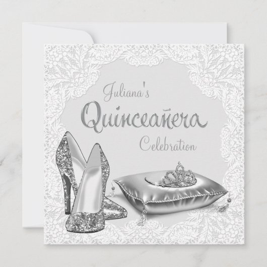 Zilveren en witte prinses Quinceanera Kaart (Voorkant)