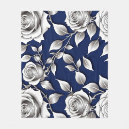 Zilveren en Witte Rozen Fleece Deken