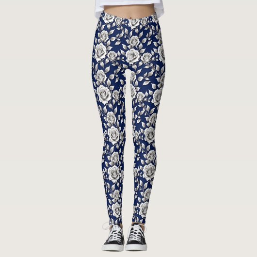 Zilveren en Witte Rozen Leggings (Voorkant)