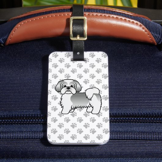 Zilveren en witte Shih Tzu-hond & aangepaste tekst Bagagelabel (Voorkant Insitu 2)