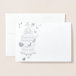 Zilveren en witte vogelkooi bruiloft bedankkaart folie kaarten