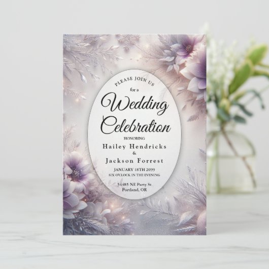 Zilveren en zachte Amethist Winter Blooms Wedding Kaart (Staand voorkant)
