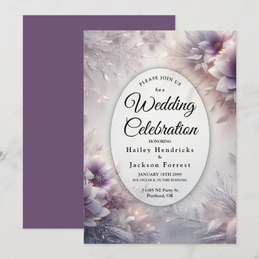 Zilveren en zachte Amethist Winter Blooms Wedding Kaart (Voorkant / Achterkant)