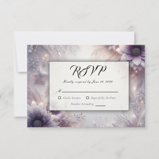 Zilveren en zachte Amethist Winter Blooms Wedding RSVP Kaartje (Voorkant)
