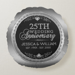 Zilveren en Zwarte 25e Huwelijksverjaardag Rond Kussen